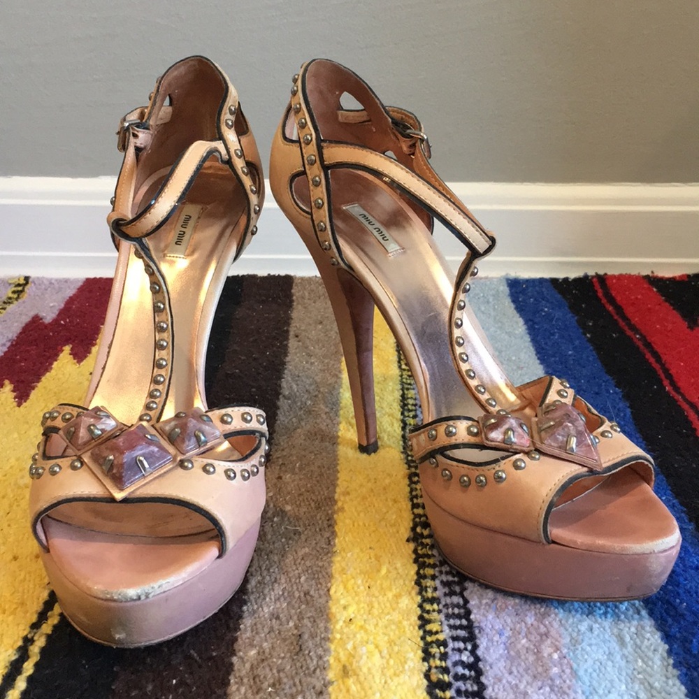 Miu Miu platform sandals w/ stones & stud detail.
